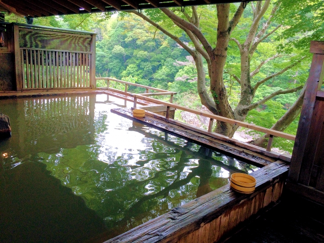 自然に囲まれた露天風呂の写真